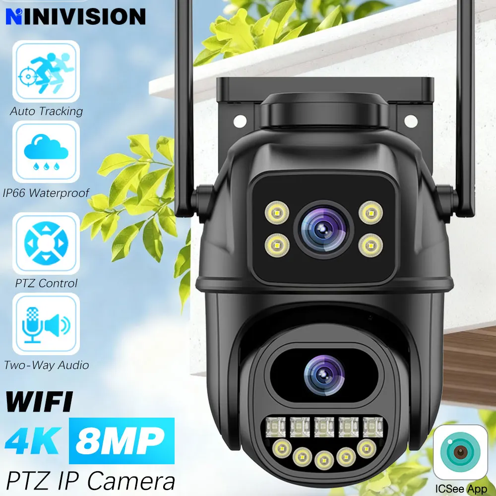 

Камера видеонаблюдения с двумя объективами, 8 МП, 4K, iCSee, Wi-Fi, умный дом, PTZ 360, беспроводная уличная IP-камера видеонаблюдения, двойной экран