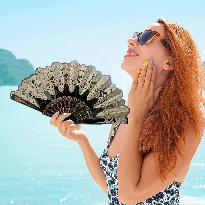 الإسبانية نمط مروحة الزفاف الحرير الدانتيل مروحة للطي عقد زهرة مروحة سيدة الزفاف للطي مروحة اليد