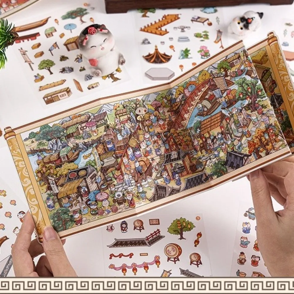 

New Cartoon Animals Landscape Sticker Die-cut Handmade Pocket Sticker Book Chinese Scenery Scene Stickers Children Gifts