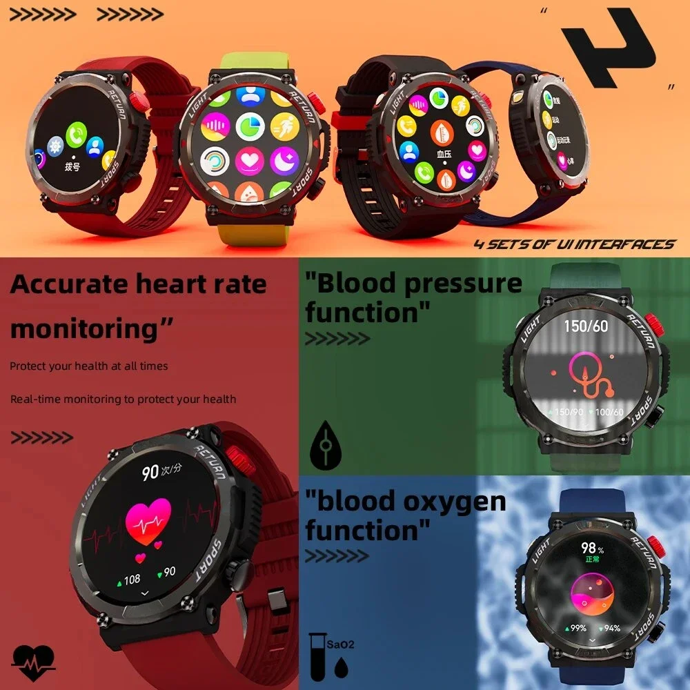 Waterproof Outdoor Rugged Smartwatches Flashlight Fitness Bluetooth Calls Multi Sport Mode Compass Smart Watch