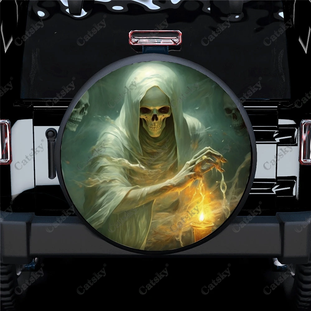 Grim Reaper Human Skeleton Polyester Universal Spare Wheel Tire Cover Custom Tire-Covers for Trailer RV SUV Truck Camper