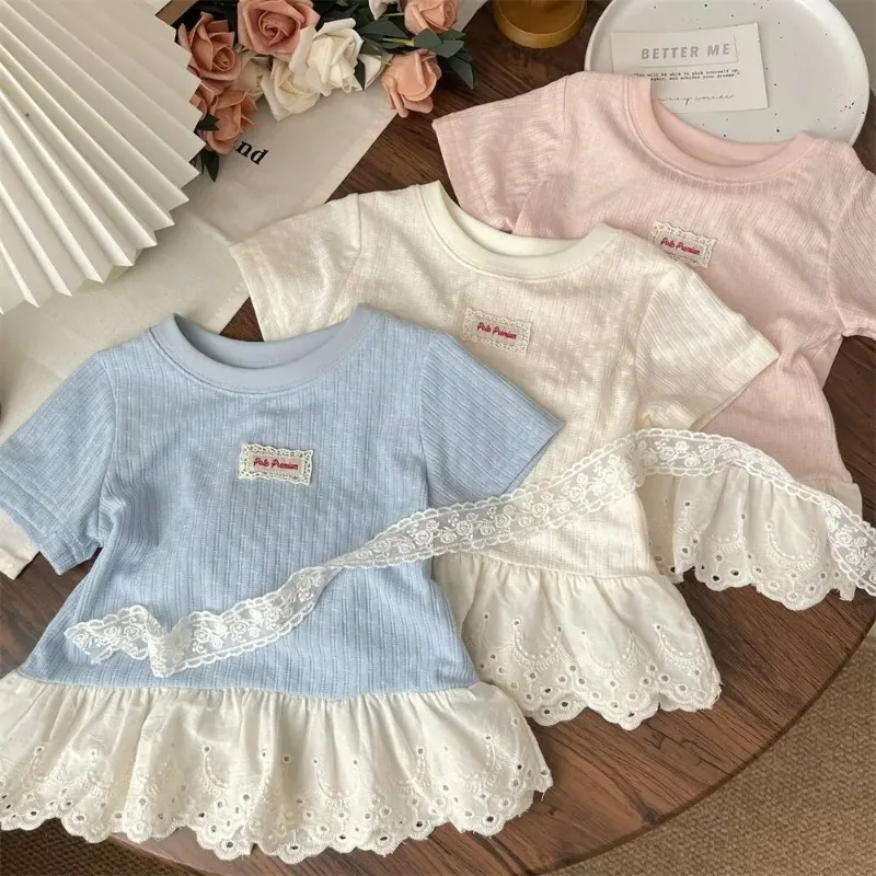 Summer Girls Kids T-Shirt New Applique Lace Trim Short Sleeve Dress Style Top Undershirt
