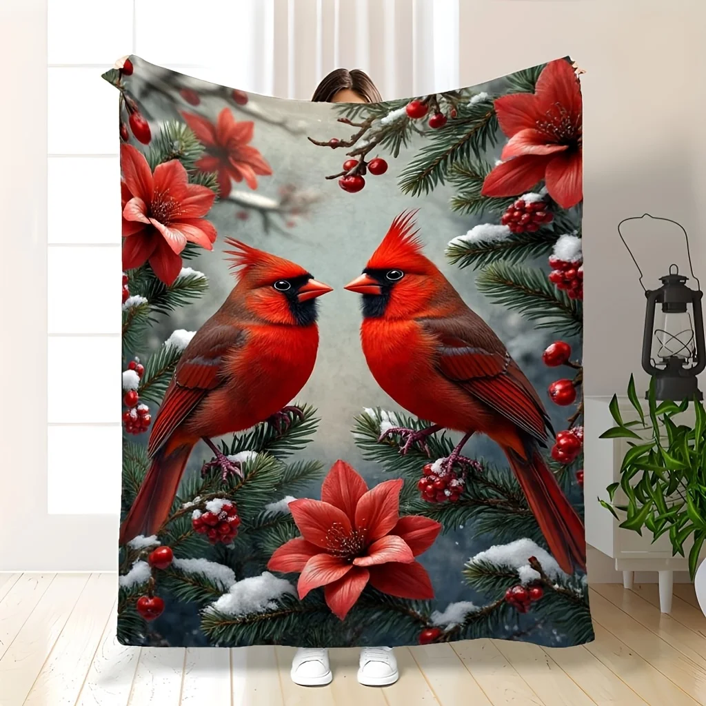 Black Background Red Cardinal Branch White Floral Throw Blanket Single Wild Bird Art Print Elegant Indoor Bed Sofa Decor Cover