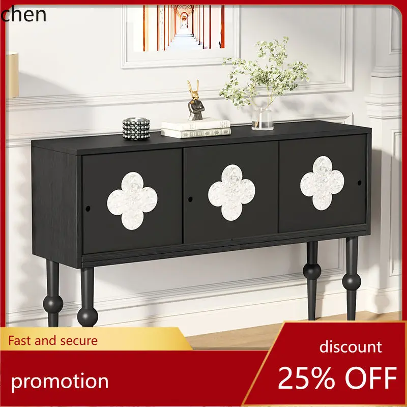 HT Entryway Cabinet Ultra Narrow Retro Black Hallway End Cabinet Corridor Mid-century Style Four-leaf Clover Decorative Cabinet