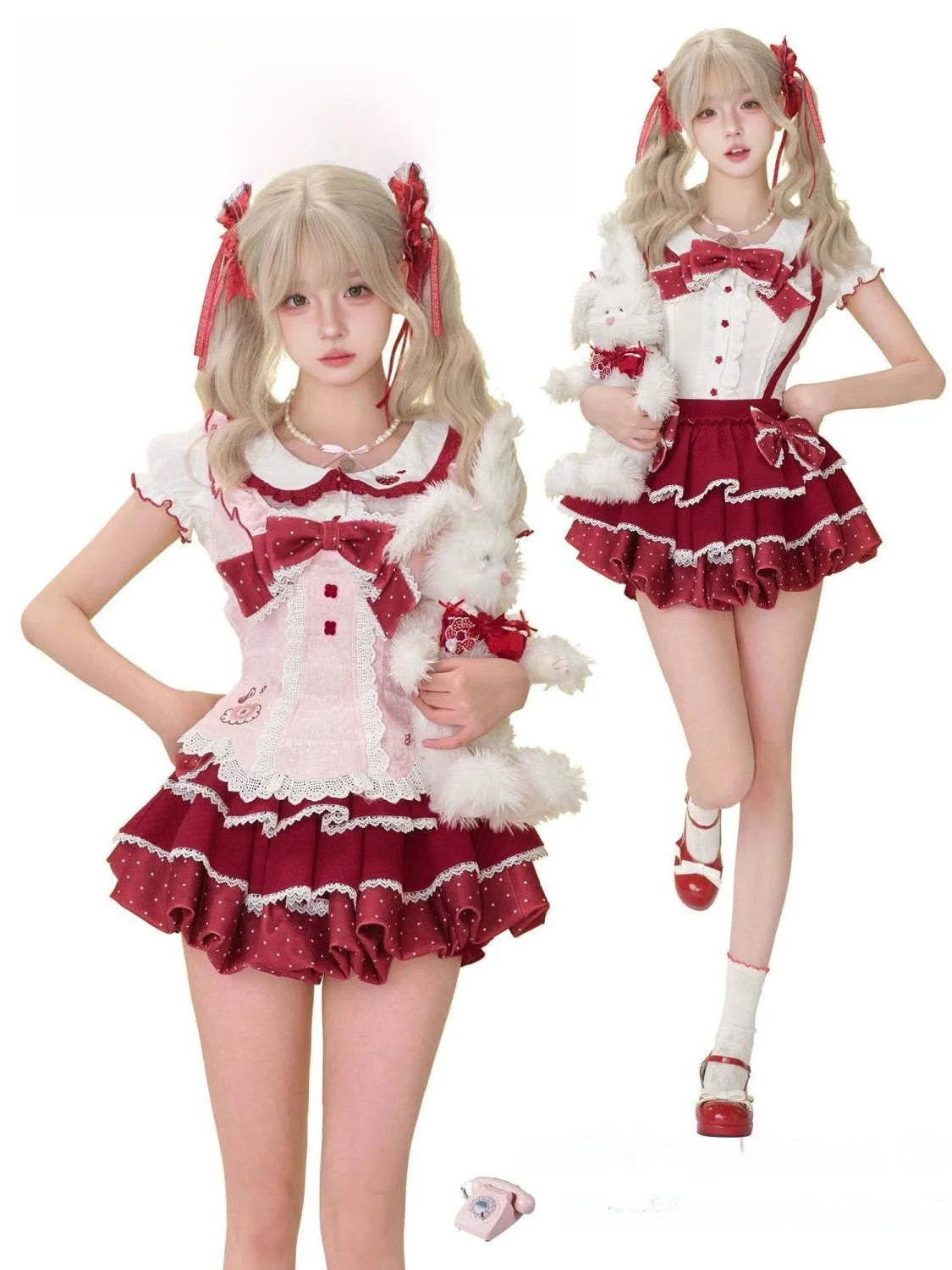 Summer New Sweet Polka Dot  Knot Lace Ne Apron Doll Collar Top Overalls Tee Piece Set for Young Women Teenagers