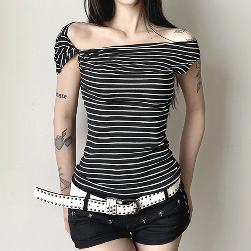 

Black White Striped Off Shoulder Knotted Design Sexy Fashion Slim Fit Casual Tops for Women