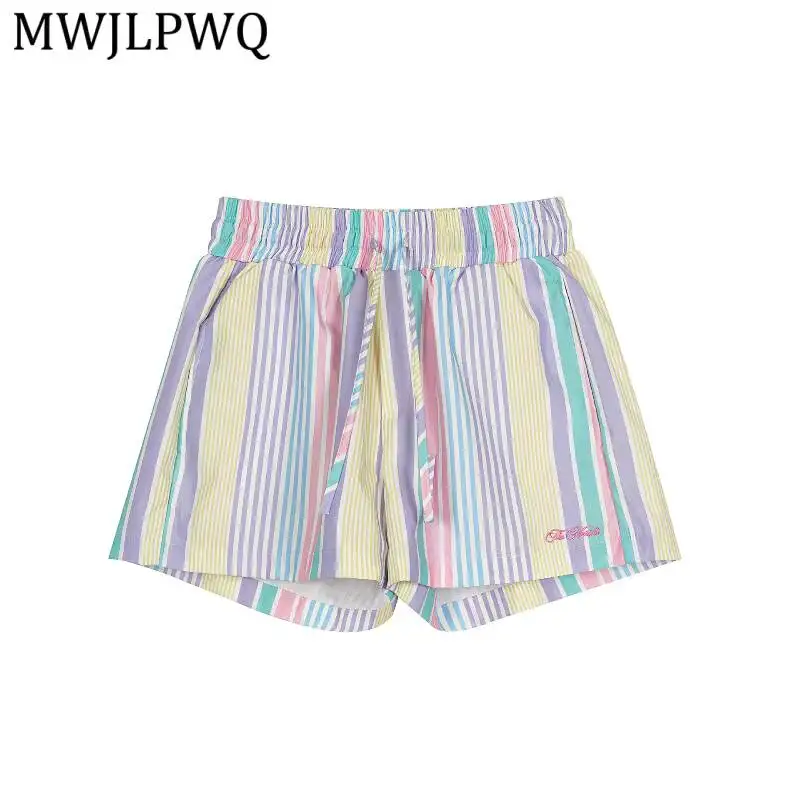 

MWJLPWQ Pastel Multi Stripe Quick Dry Short Pant Drawstring Waist Side Pocket Cursive Logo Embroidery Unisex Summer Beach 17008