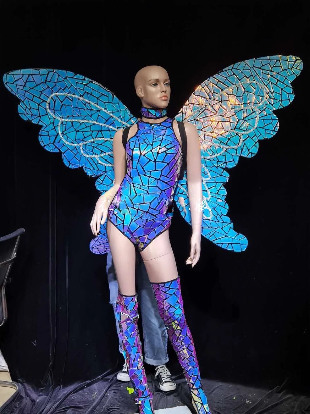 Butterfly Dance Blue Leather Mirror Dress Glass Shoes Wings Ladies Gogo Dance Outfit DS DJ Suit Costume Performance Clubwear