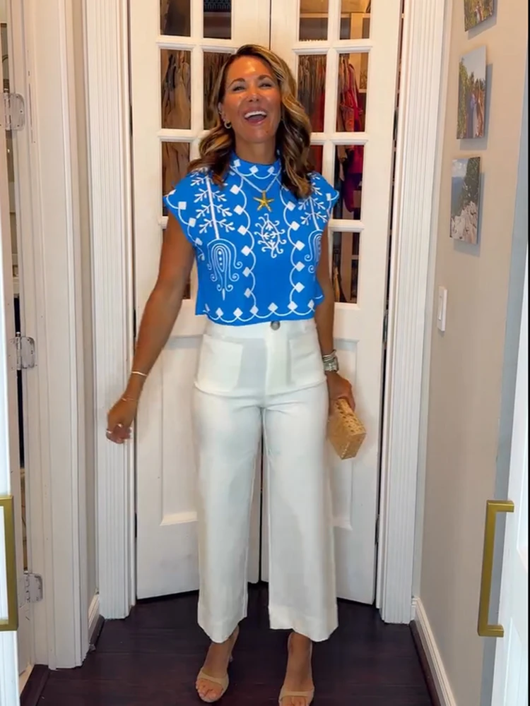 

Blue Bohemian Embroidered 2 Piece Set Women Mock Neck Cap Sleeve Top Midi Skirt Fashion White Summer 2026 Lady Vacation Outfit
