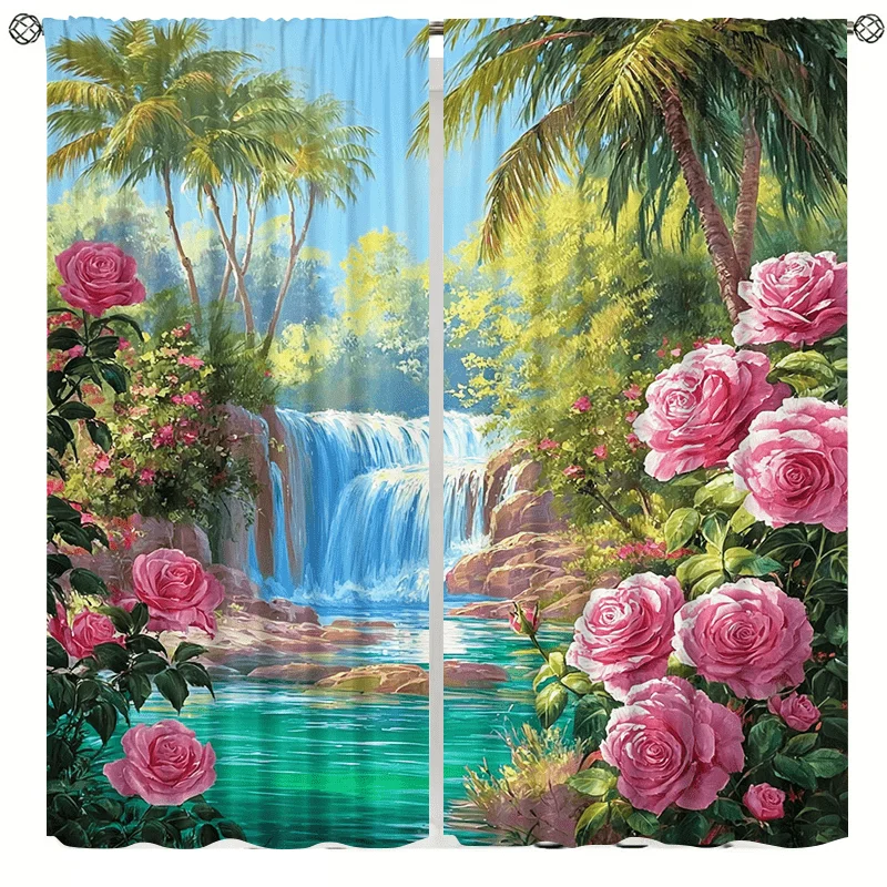 Falls Rose Tropical Pattern Curtain, with pocket rod installation, suitable for bedrooms, living rooms, balconies and decoration