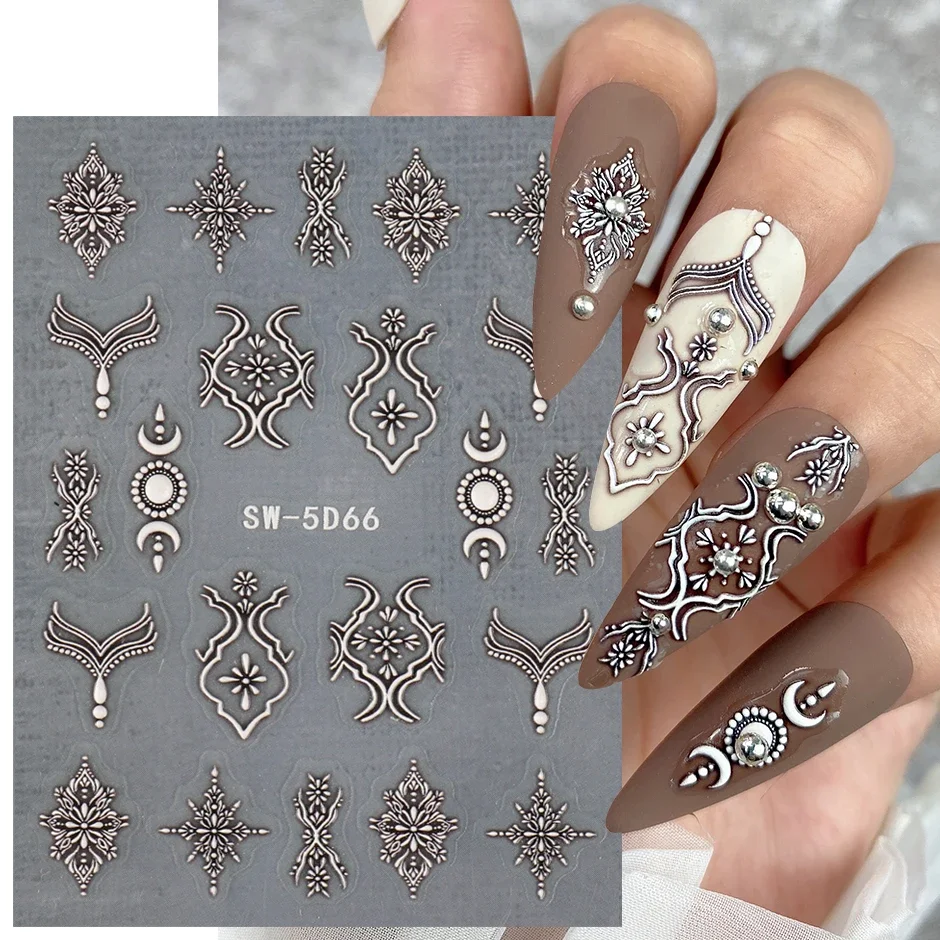 5D Embossed Filigree Stickers Nail Design Brown White Lace Necklace Adhesive Nail Decals Star Moon Carved Decor Sliders SASW-5D