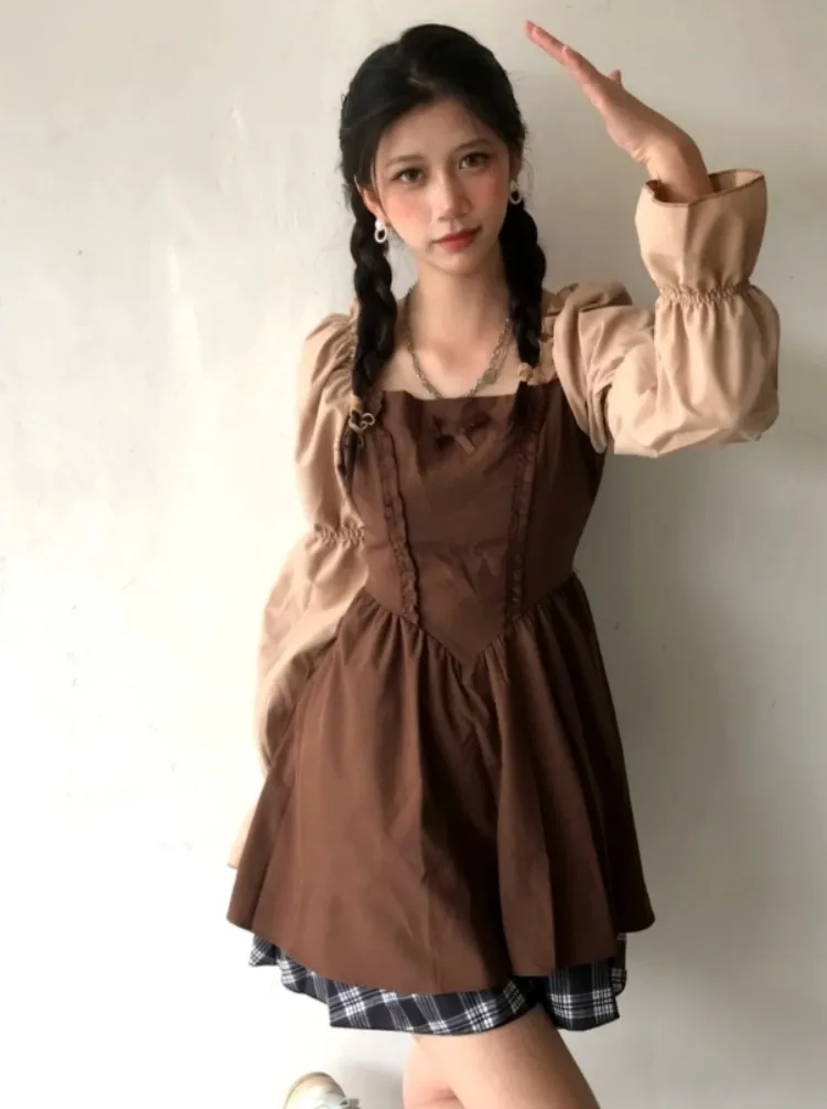 Contrast Color Korean Bow Patchwork Women Dress Slim Waist Tunic Sweet Dresses Y2k Aesthetic Fashion Elegant Puff Sleeve Vestido