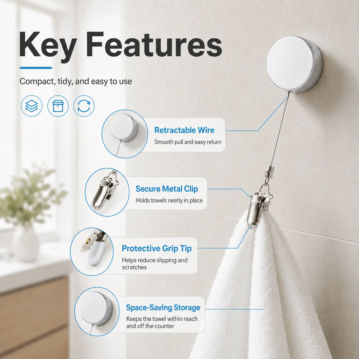 1/2/3PCS Retractable Towel Clip Portable Towel Holder Elastic Strap Anti Lost Clamp For Golf Camping Gym Kitchen Travel Accessor