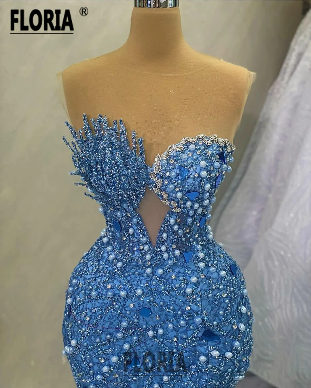 Elegant Full Pearls Beaded Mermaid Evening Dress Blue Crystal Sweetheart Floor Length Prom Dress Formal Celebrity Robe De Soiree