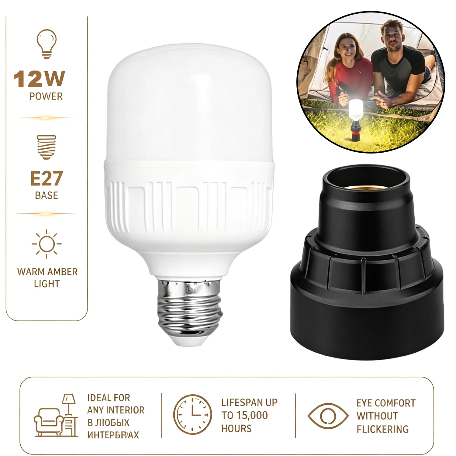 E27 LED Bulb Compatible with For Milwaukee 12 V Li-ion Battery 12 W Work Light 1300 LM Adapter Portable Flashlight