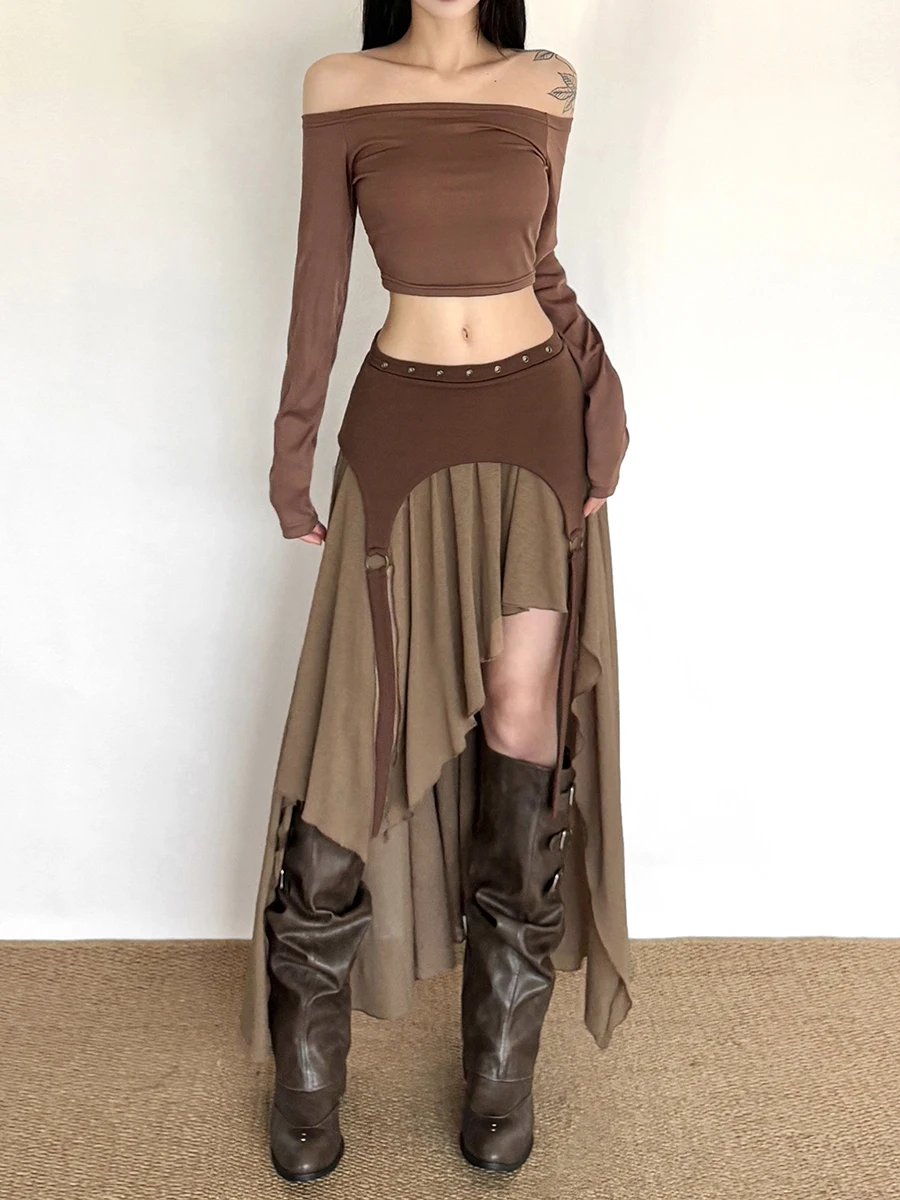 กระโปรงทรงเอวสูงสไตล์เรโทร ดีไซน์แปลกตา ทรงพลิ้วไหว กระโปรงยาวทรงเอ ไม่สมมาตร ผ้าโพลีเอสเตอร์แฟชั่น