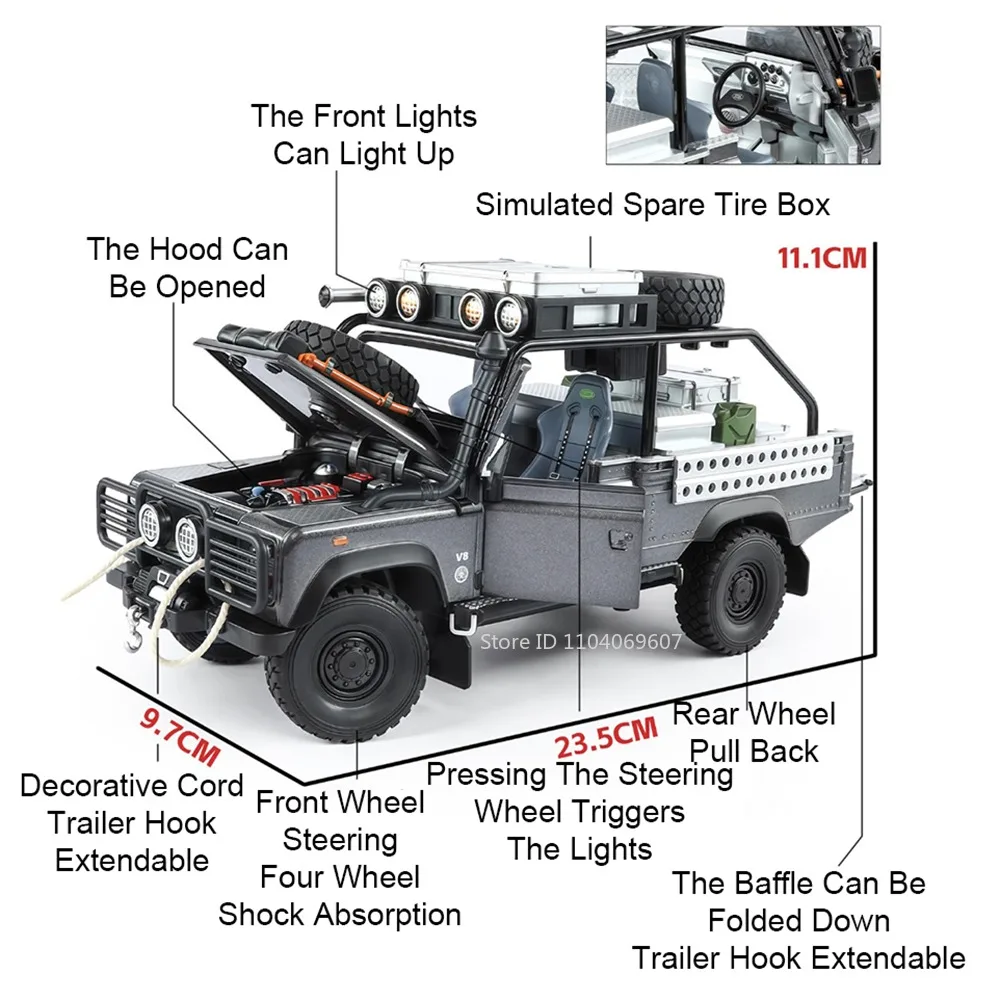1:24 defender 110 range rover veículo off-road modelo brinquedos liga diecast portas abertas puxar para trás absorção de choque para meninos presentes
