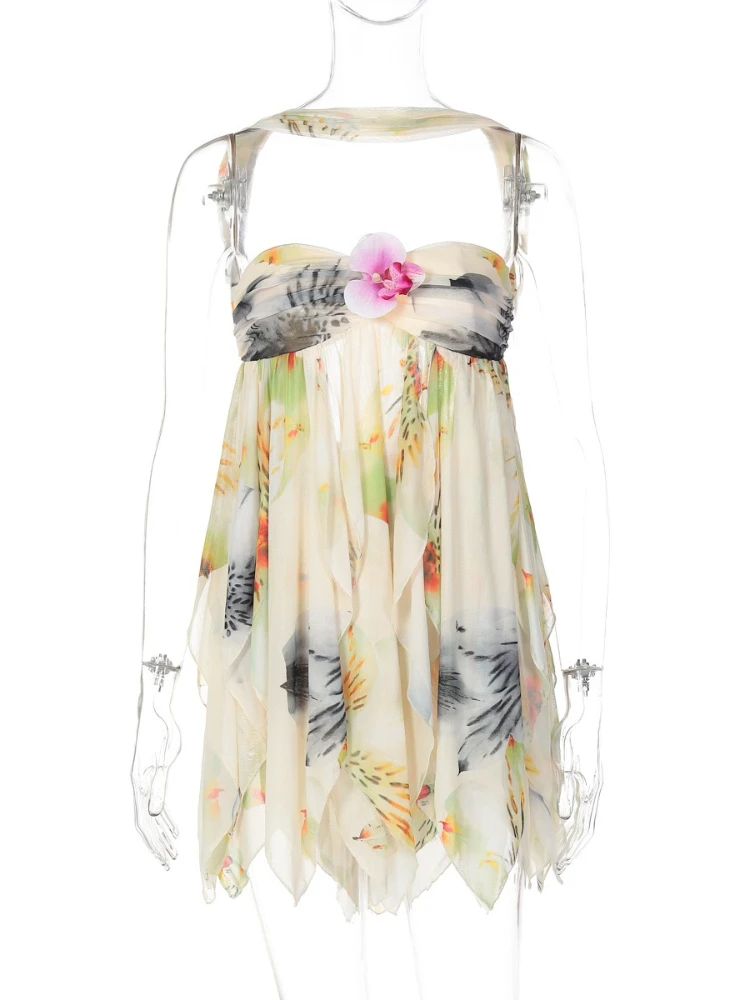 FDYOUI Woman Clothes Pink Mini Dress Sexy Halter Off Shoulder Backless T-shirt Dresses Girls Floral Print Party Club Streetwear