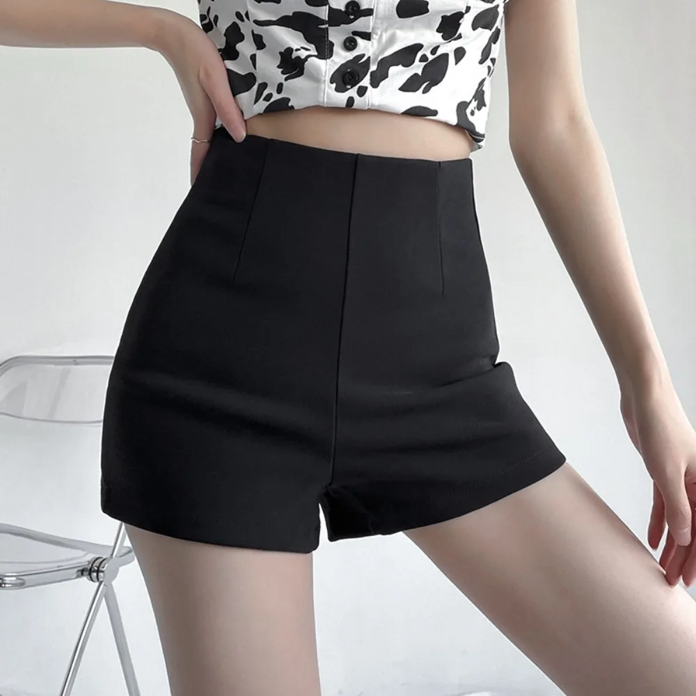 Zipper Summer A-line Shorts Trousers Black Loose High Waist Suit Shorts Hip Wrap Wide Leg Pants Solid Slim Hot Pants Spring