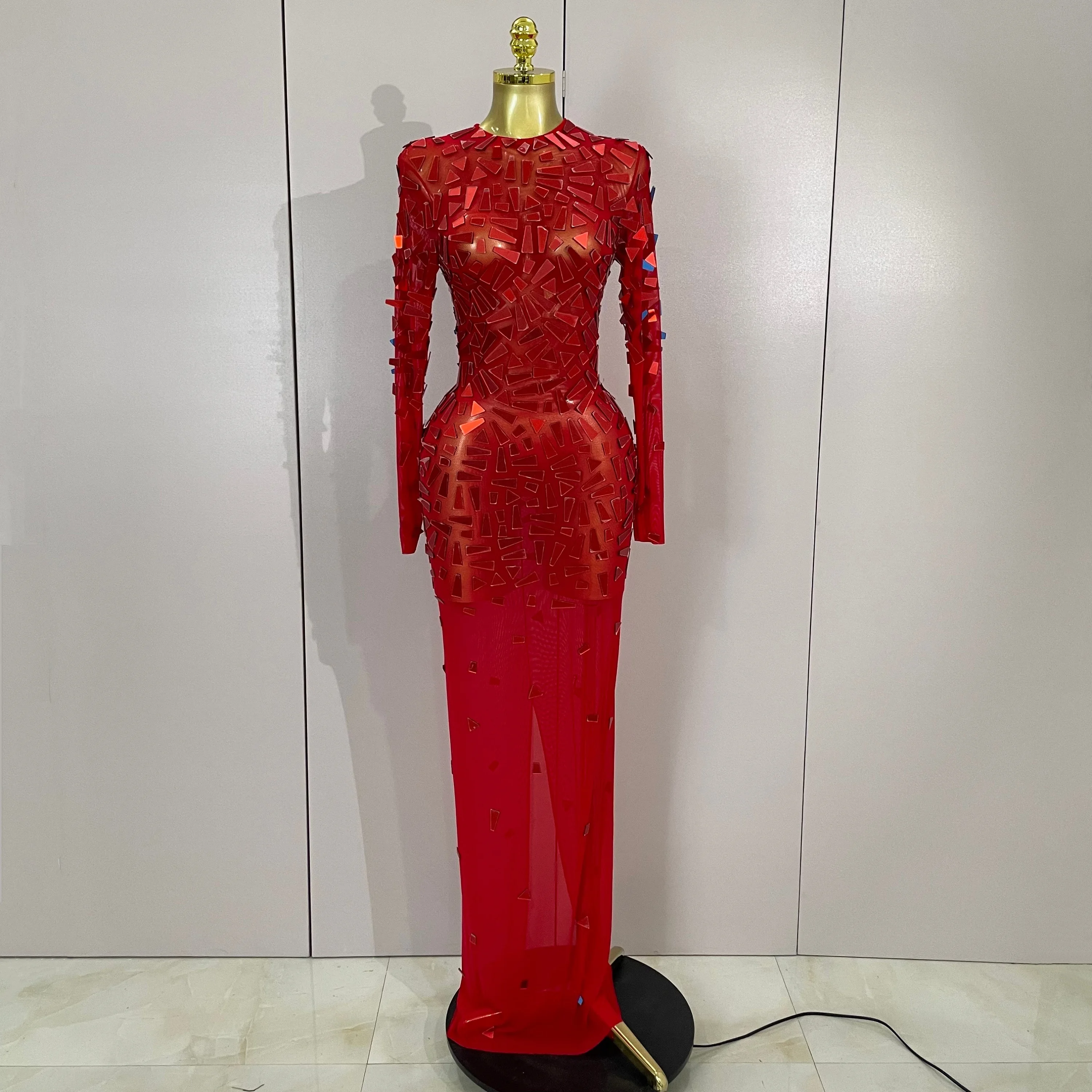 Vestido de cumpleaños de lujo con lentejuelas brillantes, vestido largo elástico transparente de malla roja, ropa para celebrar la boda, noche, graduación, disfraz de escenario para Club