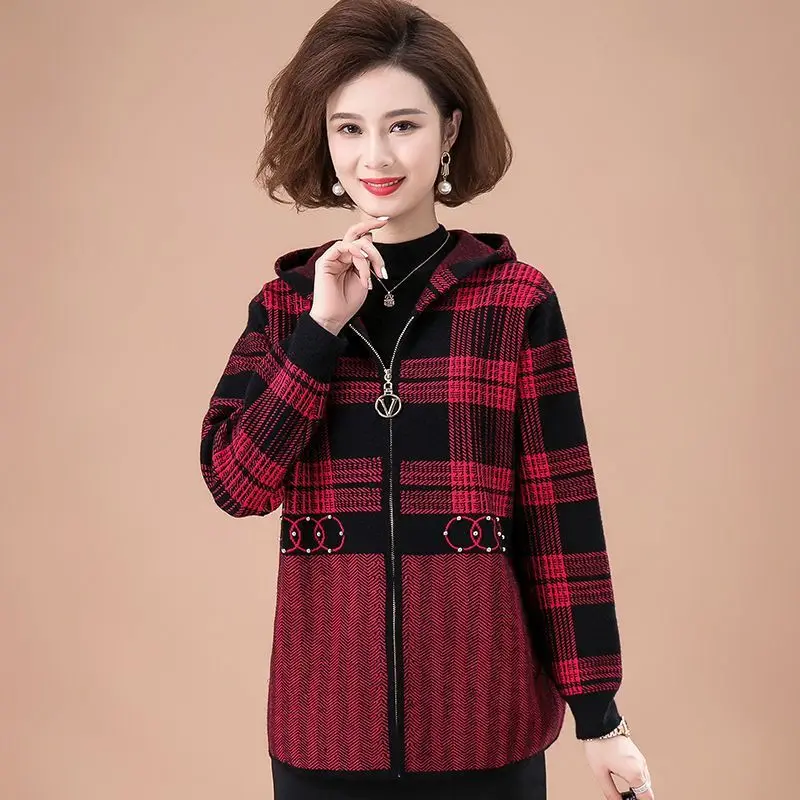 Middle Aged Mother Imitation Mink Velvet Plaid Coat Winter Thick Hooded Knitted Sweater Women Large Size Zipper Cardigan Jacket