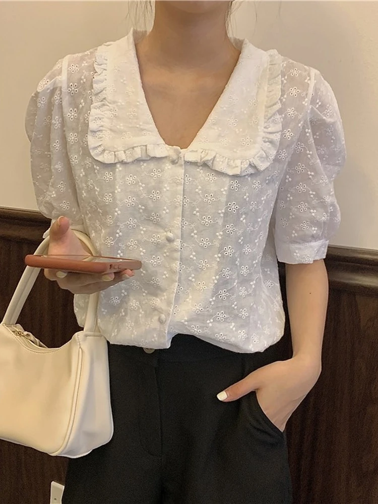 Women Blouses Summer Tops Femme Casual Womens Shirt Short Sleeve Cotton Girls Blouse Blusas Oversize Embroidery