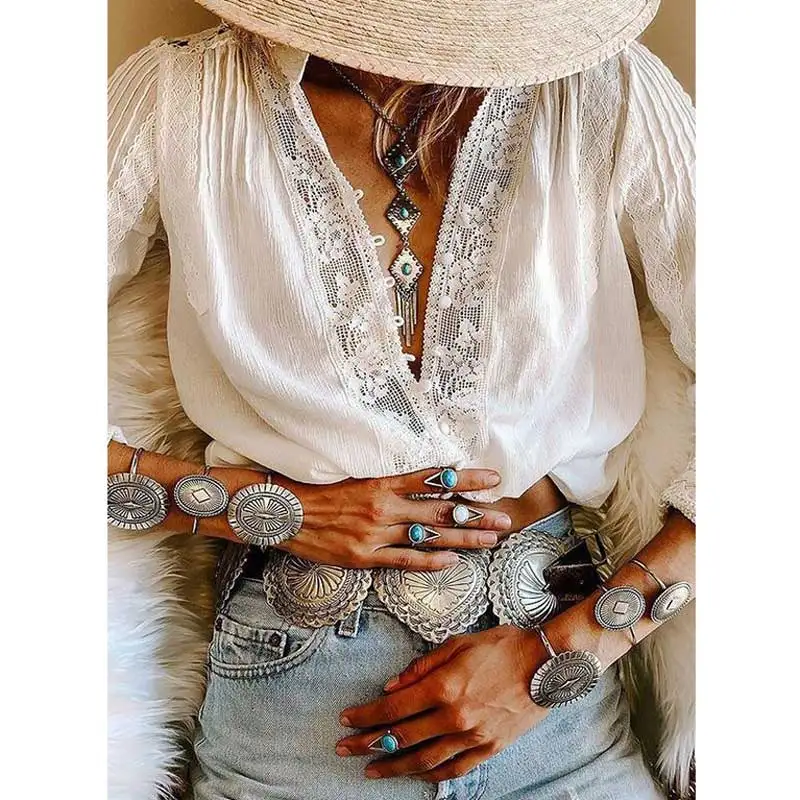 GypsyLady White Boho Blouse Shirt Lace Inserted Chic Blouse Loose Long Sleeve V-neck Elegant Shirt Female Tunic Top Blusas