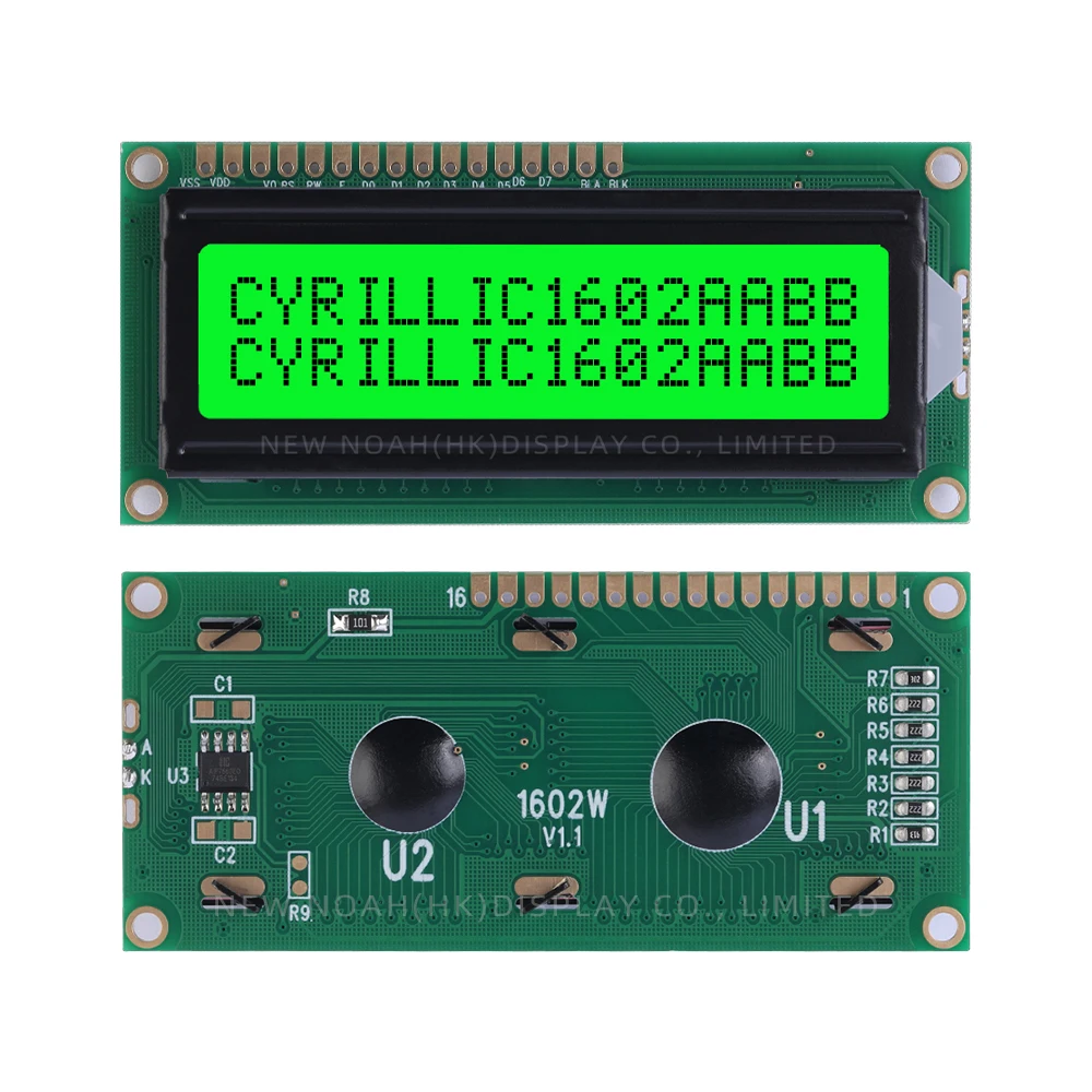 Cyrillic Green Light Black Letters 1602W 3.3V Character Display Screen 16PIN 64*16MM 16X2 Large Window ST7066U Full Perspective