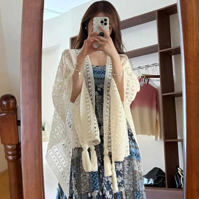 

Women’s Mesh Lace Summer Cover-Up Beach Shawl with Elegant Tassels and Sun Protection
