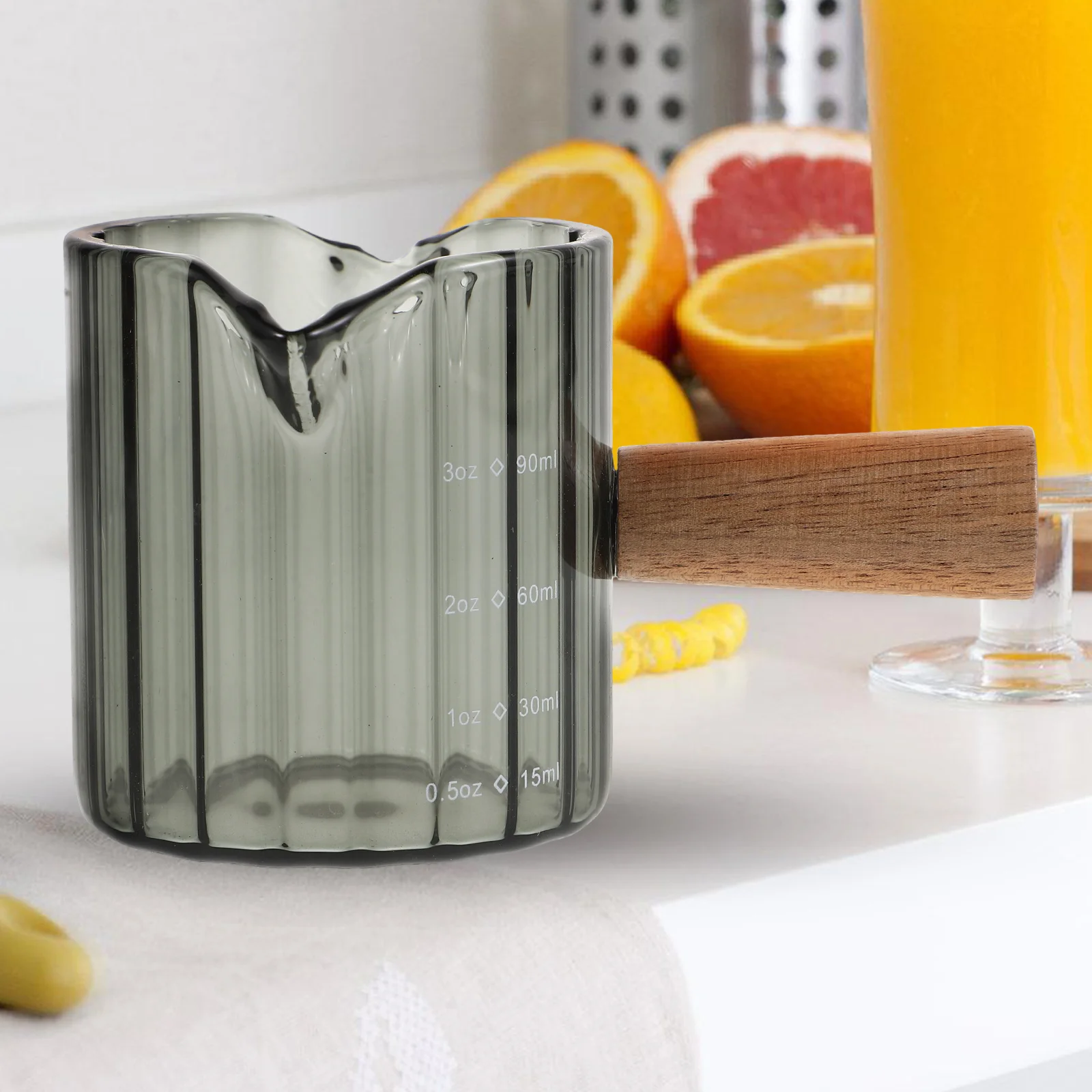 

Glass Coffee Pitcher Wood Handle Dual Spout Elegant Ribbed Body Espresso Shot Glass 4 Cup Measuring Clear V Shaped Mouth