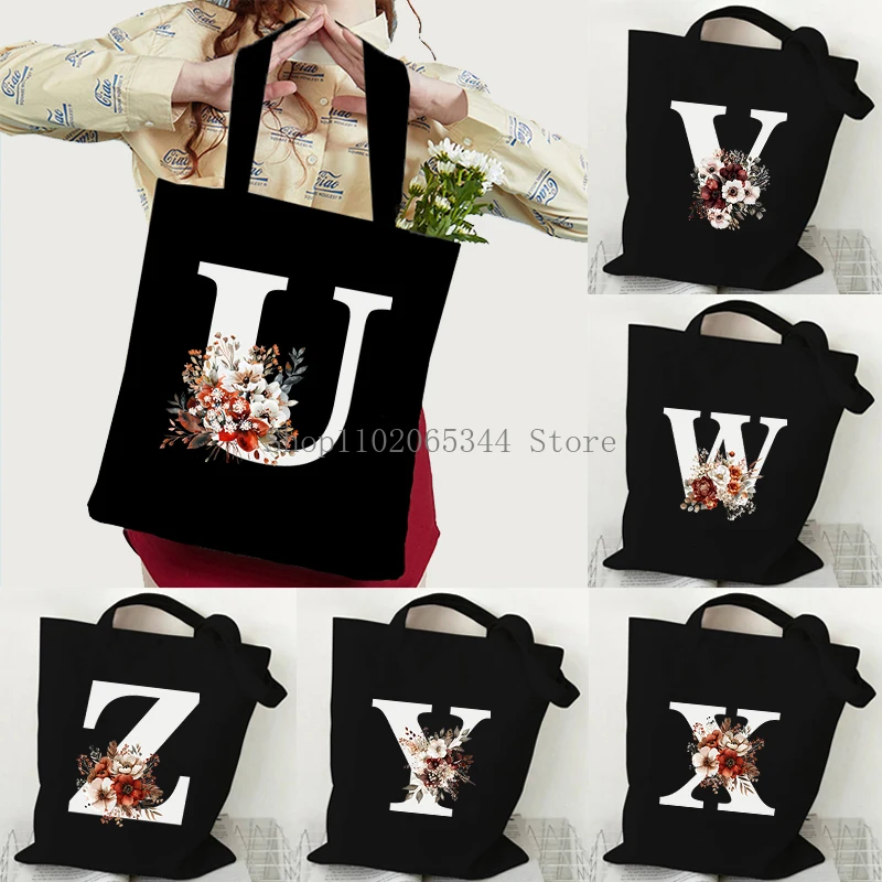 

2024 Canvas Tote Bag for Women Vintage Floral Letter A-Z Handbag Fashion Y2K Aesthetics 26 Alphabet Shopping Female Shoulder Bag