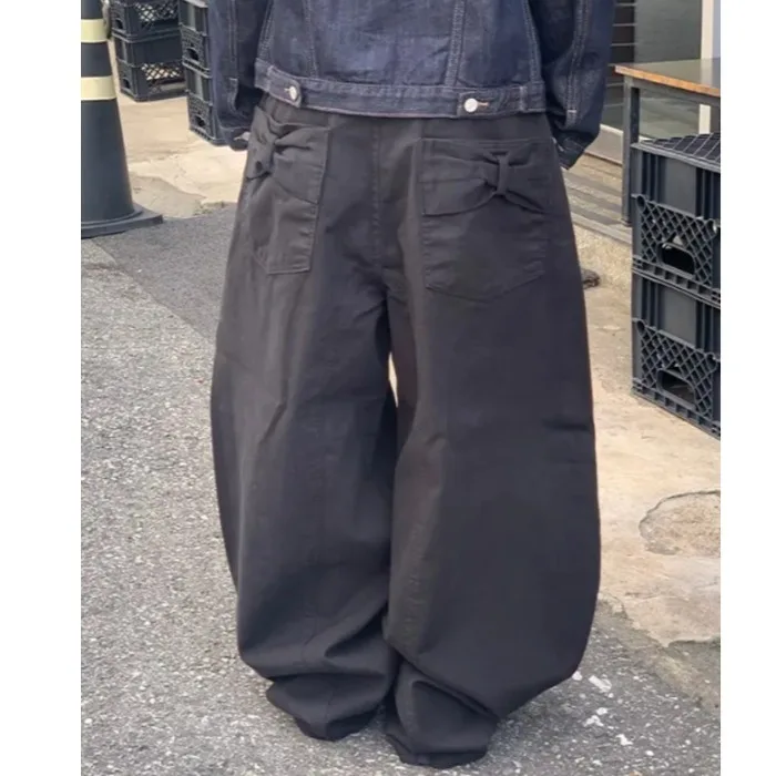 

Handmade High Waist Washed Denim Pants with Knot Pure Color Shape Casual Style Zipper Buckle Cotton Blend Jeans