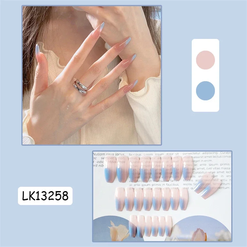 24 stks/set Aqua Blue Ice Clear Design Acryl Druk op Nagel Volledige Dekking Nep Nagels Tips Franse Mode Dragen Kunstnagels Art