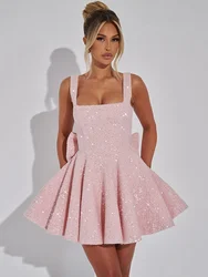 Mozision Sequins Bow Backless Sexy Mini Dress For Women Robe Fashion Square Collar Sleeveless High Waist A-line Club Dress