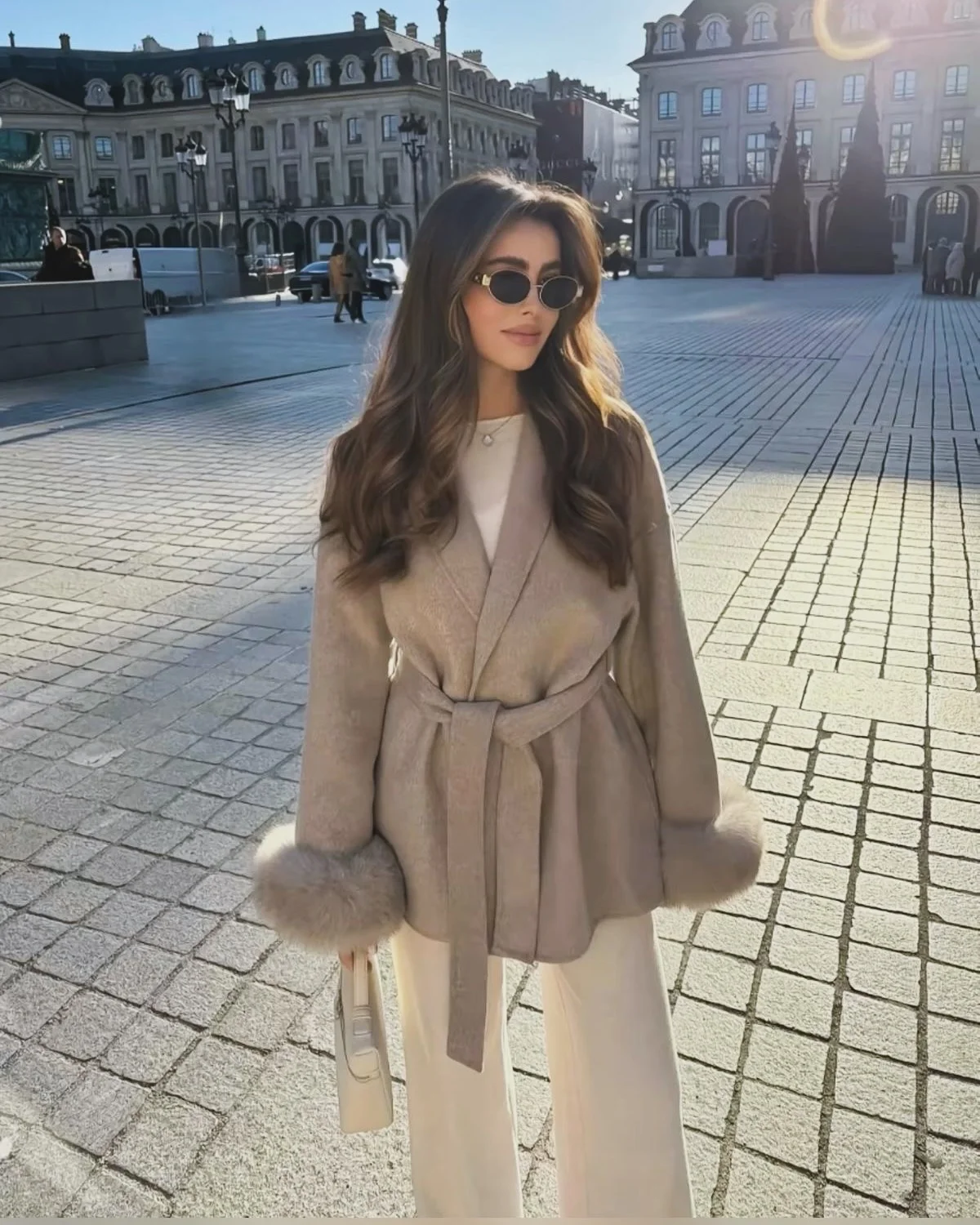 Solid Woolen Blend Fur Cuff Coat Women Loose Lapel Furry Belt Long Sleeve Female Jacket New 2025 Autumn Winter Lady Chic Outwear