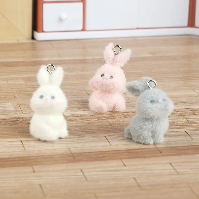 30Pcs Flocked Cute Rabbit Resin Charms Fluffy Animals Bunny Pendants for Earrings Necklace Keychains DIY Jewelry Making