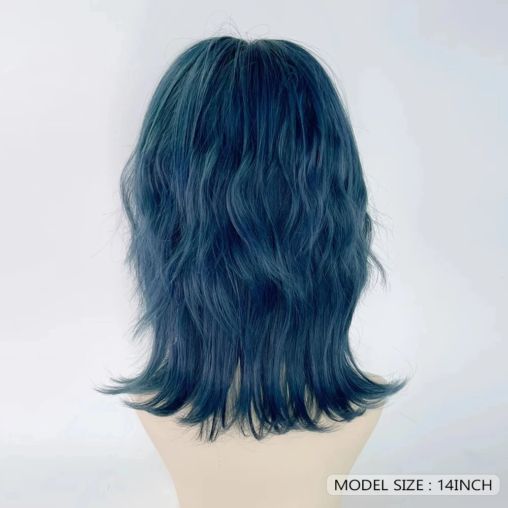 Short Straight Wavy Synthetic Mullet Head Blue Wigs with Bangs Lolita Cosplay Fluffy Women Heat Resistant Wig for Daily Party