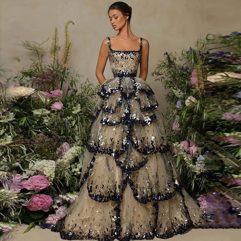 Sharon Zei Luxe Dubai Avondjurken 2022 Sparkly Sequin Tiered Ruches Elegante Vrouwen Wedding Party Formele Gowns SS243