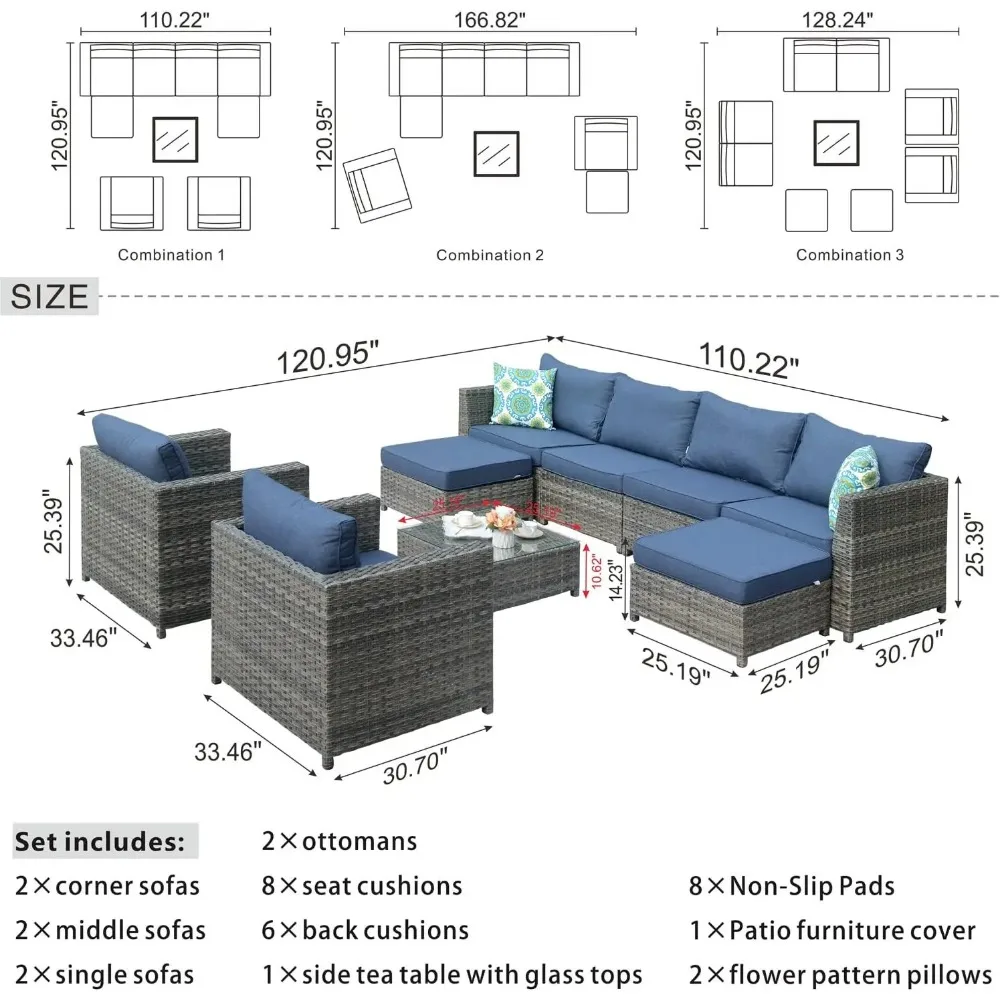 Patio Furniture Set Outdoor Sectional Sofa  Big Size All Weather PE Rattan Wicker Outdoor Conversation with Pillows