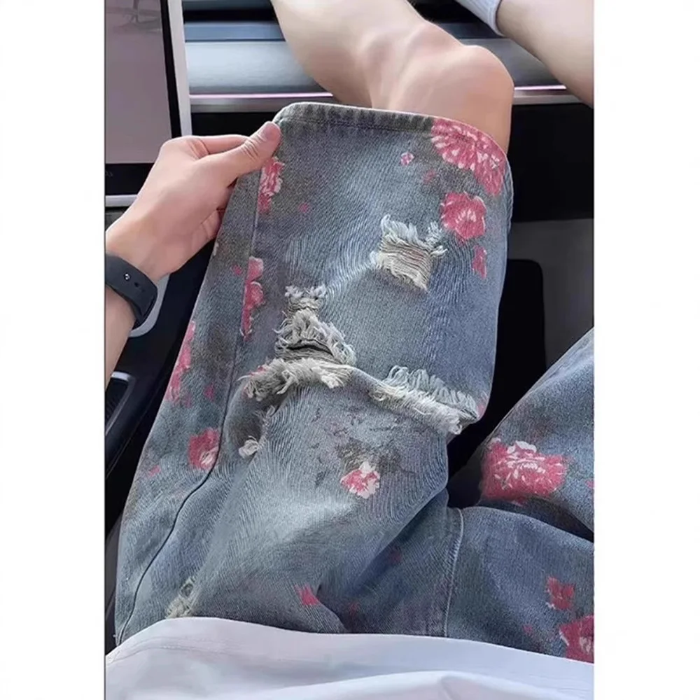 

Rose Printed Ripped Denim Shorts Men's Summer Thin Style Fashion Brand Stylish Street Blowing Pants American Five-Part Pants