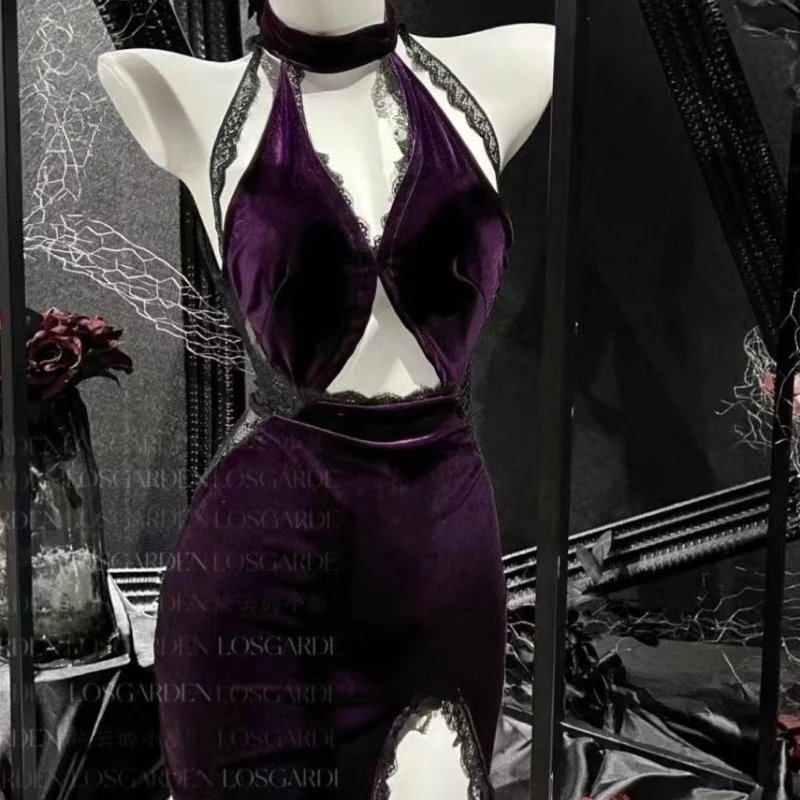 

Sexy Lingerie, Pure Desire, Lace Patchwork, Velvet Temperament, Slimming, Purple Charm, Hanging Neck, Classical Cheongsam