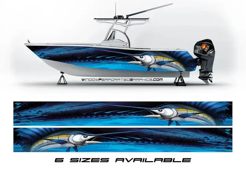 Blue Marlin Fish Vinyl Boat Wrap Decal Fishing Bass Pontoon Sportsman Tenders Console Bowriders Deck Boat Watercraft Decal