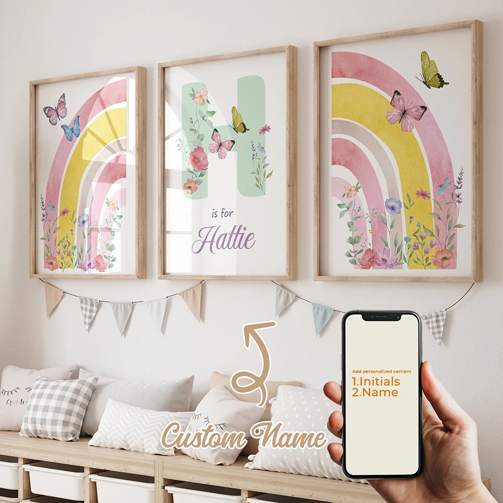 3 Stück personalisierte, individuelle Cartoon-Regenbogen-Wandkunstdrucke, Leinwandposter, Gemälde für Wohnzimmer, Kinderzimmer, Heimdekoration