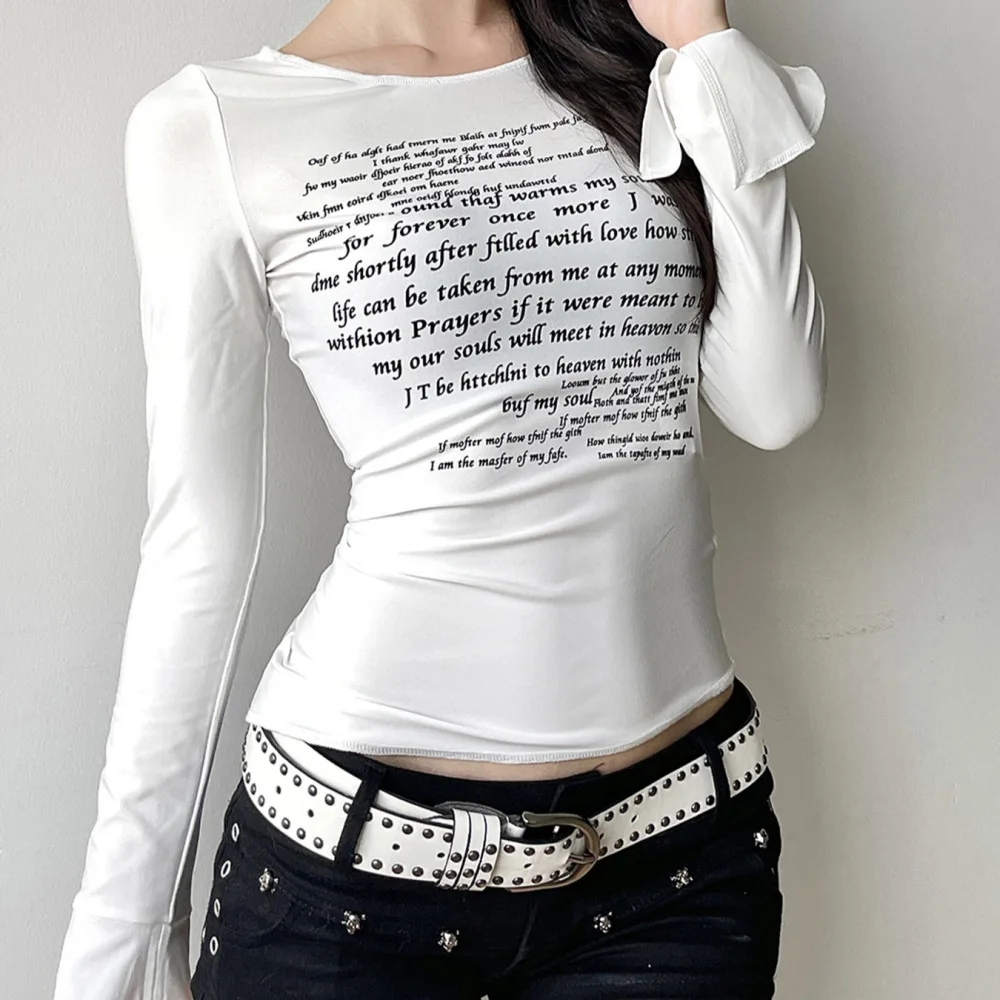 Y2K Grunge Women U Neck Long Sleeve Top White Vintage Letter Poem Print Slim Flare Cuff Alt Harajuku Streetwear Tee
