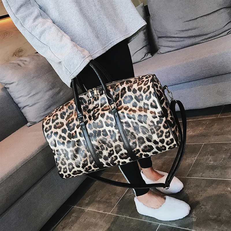 Bolso de viaje de gran capacidad para mujer, bolsa de equipaje de hombro con estampado de leopardo, bolso de fin de semana nocturno