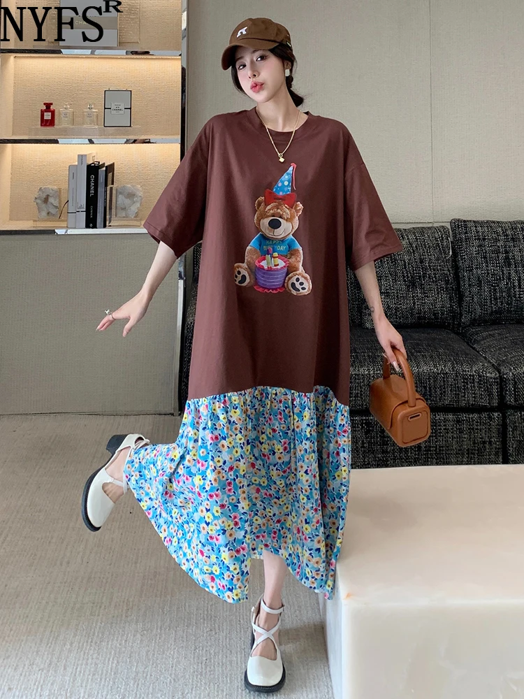 

NYFS 2023 Summer New Korea Woman Dress Vestidos Robe Ete Femme Elbise Loose Cotton Patchwork Hem Cartoon Print Long Dresses