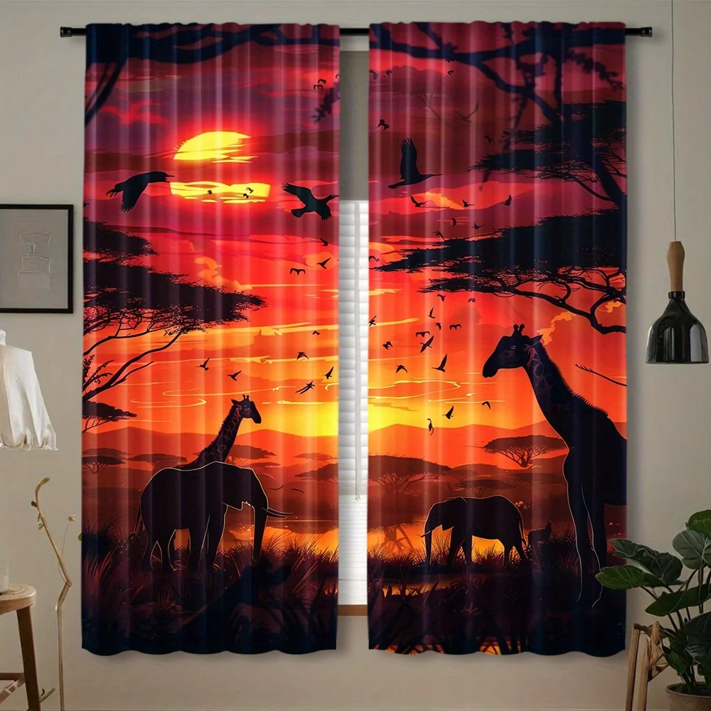 African Safari Curtain, Sunset Giraffe Elephant Window Drape, Wildlife Silhouette Blackout Panel, Living Room Bedroom Decor