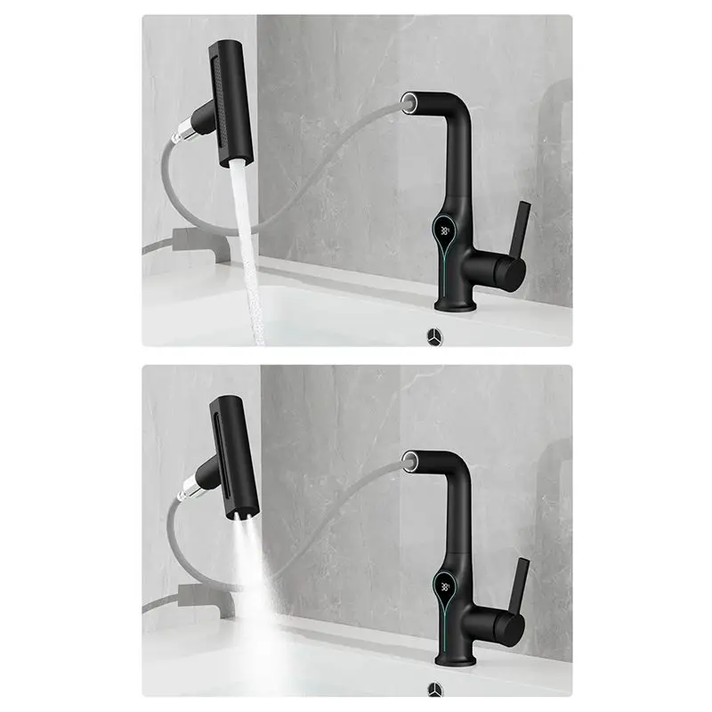 AEE8-Waterfall Temperature Digital Display Basin Faucet Lift Up Down Stream Hot Cold Water Sink Mixer Tap For Bathroom