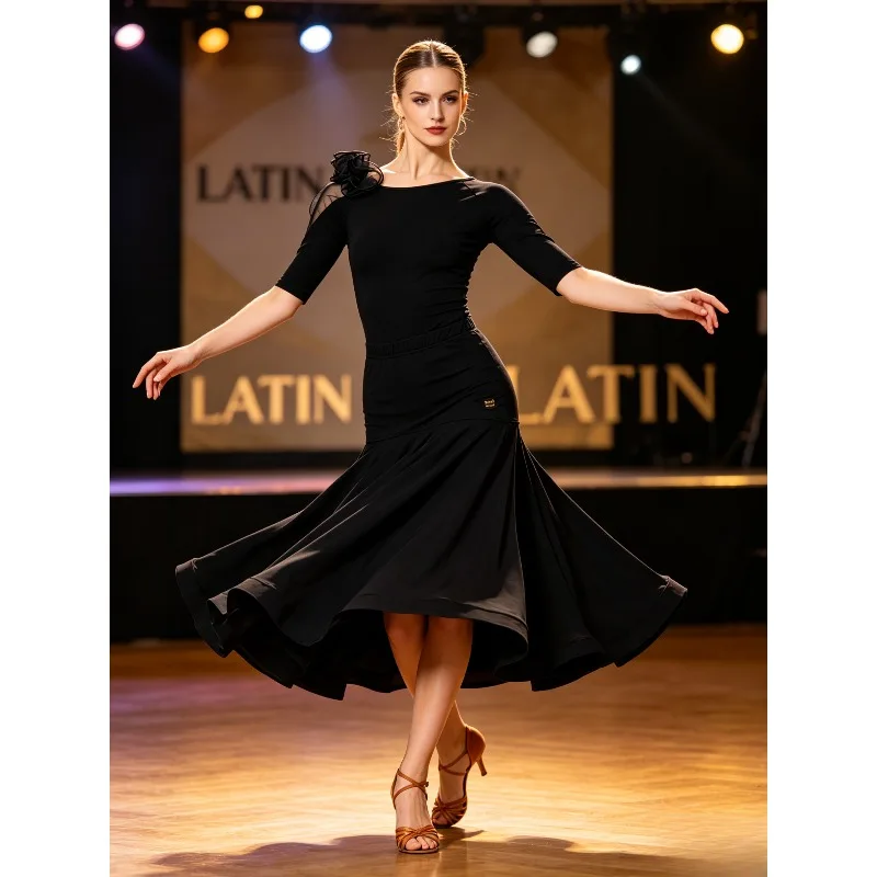 S-4XL Women Elegant Black Waltz Ballroom Maxi Swing Skirt Premium Latin Dance Top Optional Daily Training Performance Costume