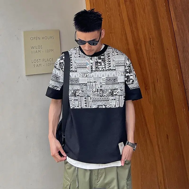 Large size summer high street round neck half sleeve T-shirt men's American print fashion brand loose casual short sleeve